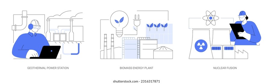 Abstraktes Konzept für erneuerbare Energien, Vektorgrafik-Set. Ingenieur, der im Geothermalkraftwerk arbeitet, Biomasseenergieanlage, Kernfusion, abstrakte Metapher für nachhaltige Technologie.