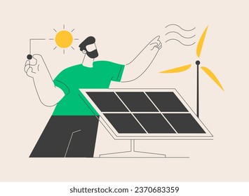 Renewable energy abstract concept vector illustration. Renewable energy sources, power resources, rural clean energy services, wind turbine, solar panels, eco green house abstract metaphor.