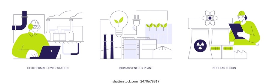 Renewable energy abstract concept vector illustration set. Engineer working at geothermal power station, biomass energy plant, nuclear fusion, sustainable technology abstract metaphor.