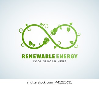 Renewable Energy Abstract Vector Logo Template. Infinity Sign with Leaves, Sprouts, Plug and Socket Concept. Green, Eco Symbol. Isolated.