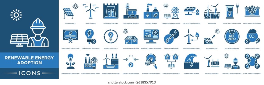 Renewable Energy Adoption icon. Solar Panels, Wind Turbine, Hydroelectric Dam, Geothermal Energy, Biomass Power and Renewable Energy Grid