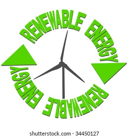 Renewable energy arrow text with arrows and wind turbine illustration