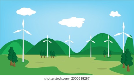  Renewable energy background design. meadow with windmill farm