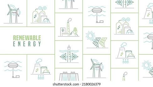 Banner de energía renovable. Fuentes ecológicas de generación de electricidad. Solar, agua, fósiles, viento, hidrógeno, olas y mareas, térmicas, geotérmicas y de biomasa. Ilustración vectorial editable