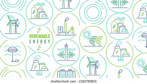 Renewable energy banner. Electricity generation ecological sources. Solar, water, fossil, wind, hydrogen, wave and tidal, thermal, geothermal and biomass. Editable vector illustration