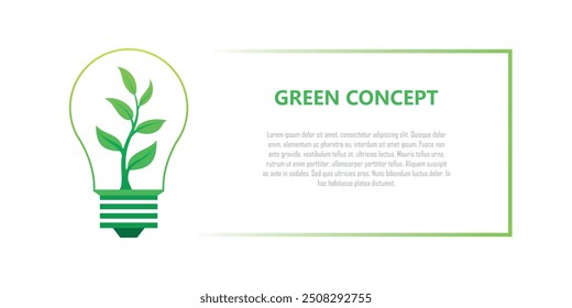 Banner de energia renovável, planta dentro da lâmpada elétrica, economizar energia elétrica, sustentável ir conceito verde, reduzir o aquecimento global e a poluição do ambiente, eco-friendly, copiar espaço para texto