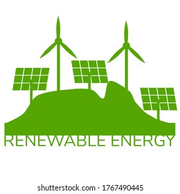 Renewable energy banner. wind turbine and solar panel in green.