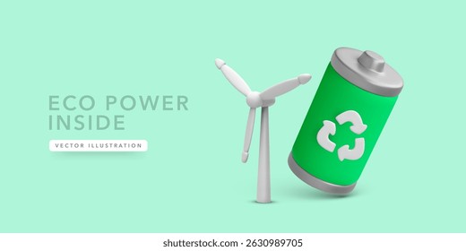 Renewable Energy Battery With Recycle Icon and Wind Turbine Symbolizing Eco Power, Clean Energy, and Sustainable Technology Solutions. Ideal for Green Projects. Vector Illustration.