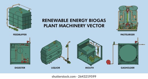 Máquinas de usina de biogás de energia renovável - Conjunto de ilustração de vetor técnico