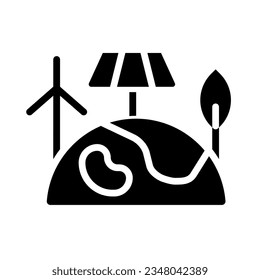 Renewable energy black glyph icon. Clean power generation. Sustainable natural sources. Alternative solutions. Silhouette symbol on white space. Solid pictogram. Vector isolated illustration
