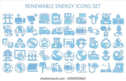 Renewable energy blue color icons set. contain hydro power, power plant, wind energy, solar panel and more. use for modern concept, best for UI or UX, web and app development. vector EPS 10.