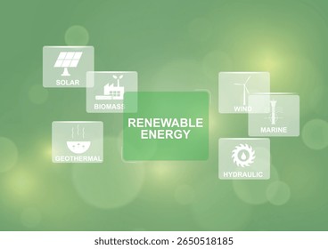 Renewable Energy with Bokeh Background. Renewable energy sources concept. Green energy solutions for a sustainable future. Vector illustration