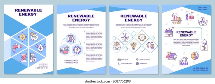 Plantilla de folleto sobre energía renovable. Energía limpia. Diseño de impresión de folletos con iconos lineales. Diseños vectoriales para presentación, informes anuales, publicidad. Arial-Black, Myriad Pro-Regular fuentes utilizadas