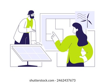 Renewable energy in building abstract concept vector illustration. Group of engineers discussing energy in new eco-friendly houses, ecology industry, sustainable building abstract metaphor.