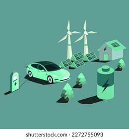 Renewable energy, car electric  isometric isolated on white background wind turbine, solar battery, solar powered house and green energy  illustration vector