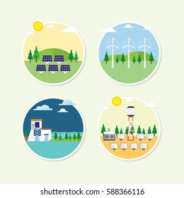 renewable energy circle icon with solar cell, solar thermal, wind turbine and hydro energy