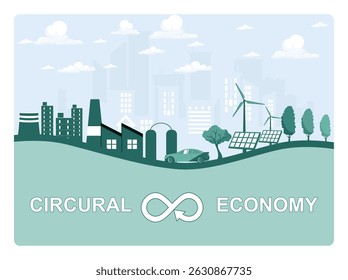 Renewable Energy and Circular Economy Concept. Sustainable city with renewable energy sources such as wind turbines and solar panels, depicting the concept of a circular economy and eco friendly.