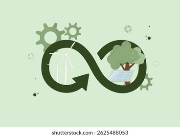 Renewable Energy Circular Economy Infinity Loop Concept. infinity symbol featuring wind turbines, solar panels, and trees, representing sustainable circular economy and renewable energy.  Illustration