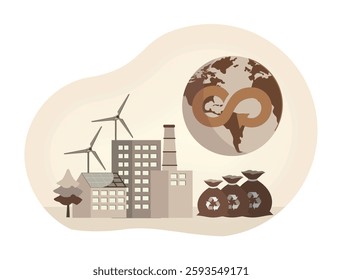 Renewable Energy and Circular Economy Principles. Sustainable development with renewable energy sources, recycling, and environmental conservation symbolized by a circular economy. 