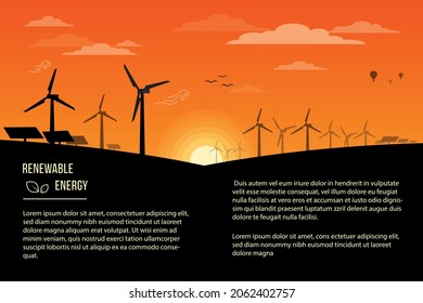 Renewable Energy and clean environment concept silhouette landscape of wind turbine towers and sun panels. Eco green energy concept vector banner. Add your own text.