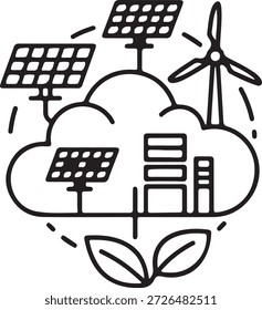 Renewable Energy Cloud Icon with Solar Panels and Wind Turbine Design for Sustainable Power Concepts
