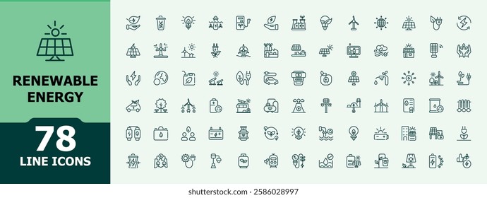 Renewable Energy collection. Containing solar, ecology, voltage, recycling, electricity, recycle and more. Perfect for logos and infographic. Minimalist editable vector stroke.