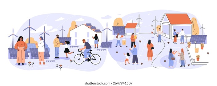 Comunidade de energia renovável pessoas painéis solares turbinas eólicas bairro eco amigável atividades diárias crianças jogando ciclismo casas sustentáveis modernas tecnologia limpa