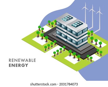 Renewable Energy Concept With 3D Solar Building, Yard View And Windmill On Blue And White Background.