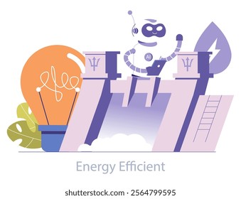 Renewable energy concept. AI robot operating a hydropower dam alongside a light bulb, representing sustainable power generation. Vector illustration.