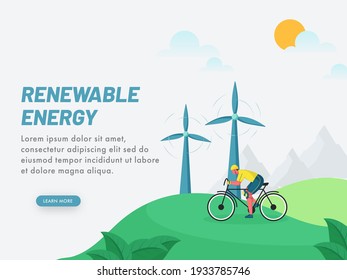 Renewable Energy Concept Based Poster Design With Cartoon Man Riding Bicycle And Windmills On Sun Landscape Background.