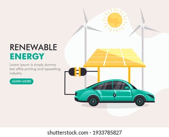 Renewable Energy Concept Based Poster Design With 3D Render Electric Car Charging From Solar Panel, Sunshine And Windmills On Background.