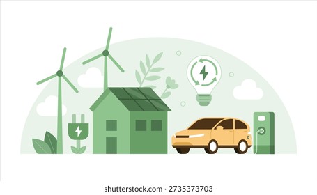 Renewable energy concept. Clean electric energy from renewable sources. Sustainable green energy, renewable energy sources, and green electricity. House with solar panels and electric car.