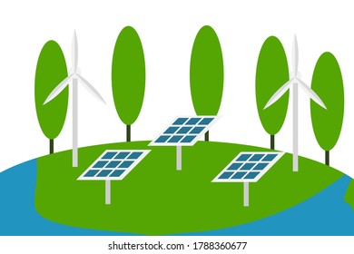 renewable energy concept. The earth using renewable energy from solar panels and wind turbines to electricity. it helps the environment of earth.