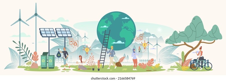 Renewable energy concept. Ecological engine with zero emissions. Solar energy panels and wind turbines. Conserving the planet concept. Vector illustration.