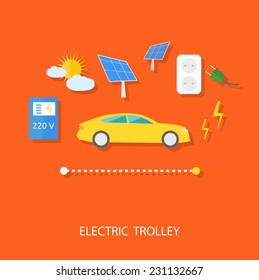 Renewable energy concept for electric car with solar panel, battery, socket and plug flat design