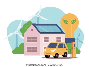 Conceito De Energia Renovável. Tecnologia de veículos elétricos. Gerador de energia eólica. Ilustração de vetor plano.