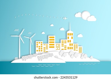 Renewable energy concept, Environmentally sustainability ecological, City on island with forest, Electricity from wind power generators, Solar panels, Green power technology connected to smart urban.