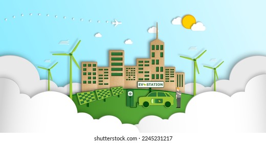 Renewable energy concept, Environmentally sustainability ecological, City with Electricity from wind power generators, Solar panels, Green power technology connected to smart urban and Eco friendly.