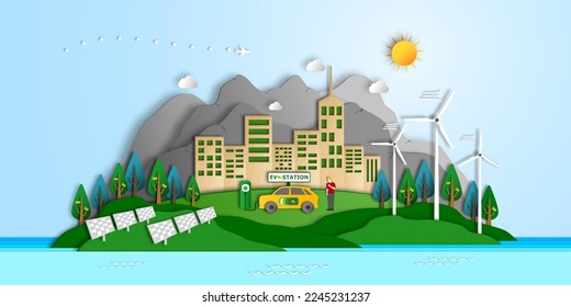 Renewable energy concept, Environmentally sustainability ecological, City with Electric car and Electricity from wind power generators, Solar panels, Green power technology connected to smart urban.