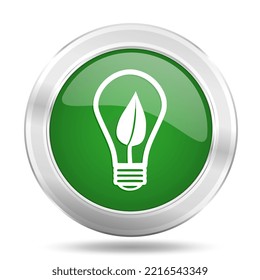 Concepto de energía renovable botón web verde, icono de vector metálico plateado aislado en fondo blanco