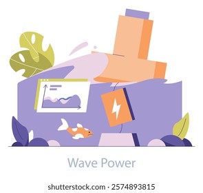 Renewable energy concept. Illustration highlighting wave power generation with ecosystem elements. Sustainable electricity production theme. Vector illustration.