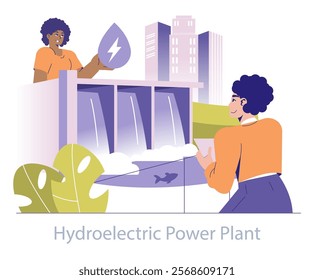 Renewable energy concept. Illustration of a hydroelectric power plant with characters and urban backdrop. Clean electricity production, sustainable development. Vector illustration.