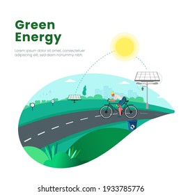 Renewable Energy Concept With Illustration Of Man Riding Bicycle At Road, Solar Panels And Sunshine On Green City Background.