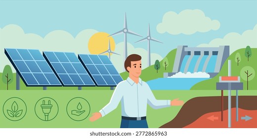 Renewable energy concept illustration with solar panels, wind turbines, hydro dam and geothermal power