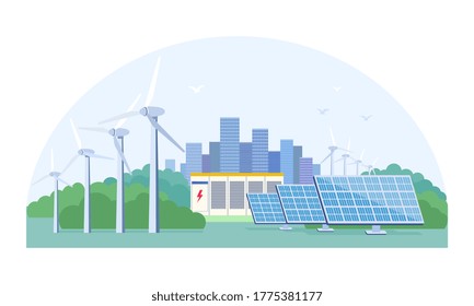 Renewable Energy Concept With Photovoltaic Solar Panels And Wind Turbines On The Outskirts Of A City, Colored Vector Illustration