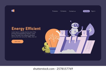 Renewable energy concept. A robot operates a hydropower dam, symbolizing automation in sustainable power generation. Ecology, future technology. Vector illustration.