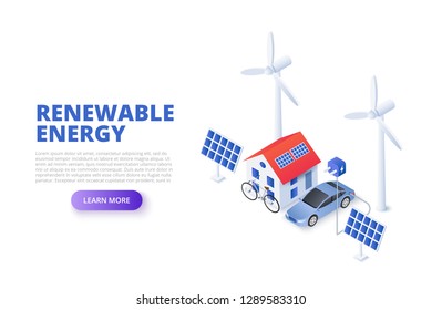 Renewable energy concept with solar panel, windmills and electric car. Isometric vector illustration. Landing page template for web.