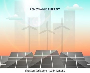 Concepto De Energía Renovable Con Paneles Solares, Molinos De Silueta Y Edificios De Fondo Sunshine.