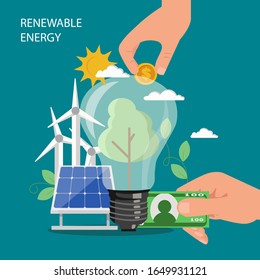 Renewable energy concept vector flat illustration. Windmills, solar panel, human hands putting money into light bulb. Investment in alternative renewable clean energy composition for website page etc.