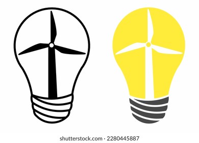 Ilustración plana vectorial del concepto de energía renovable. Turbinas eólicas y árboles verdes dentro de la bombilla. Energía eólica alternativa recurso de energía. Protección ecológica y conservación del medio ambiente